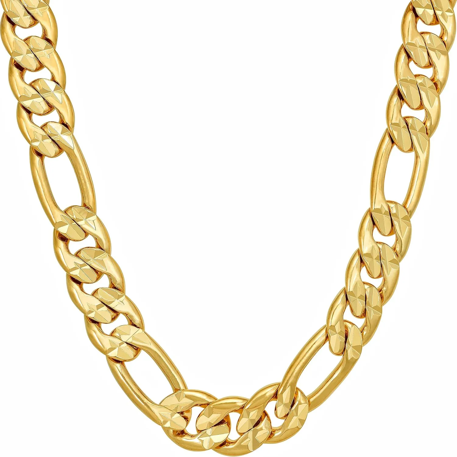LIFETIME JEWELRY Radiant Diamond Cut Figaro Chain Necklaces 24k Real Gold Plated (6mm, 7mm, 9.5mm)