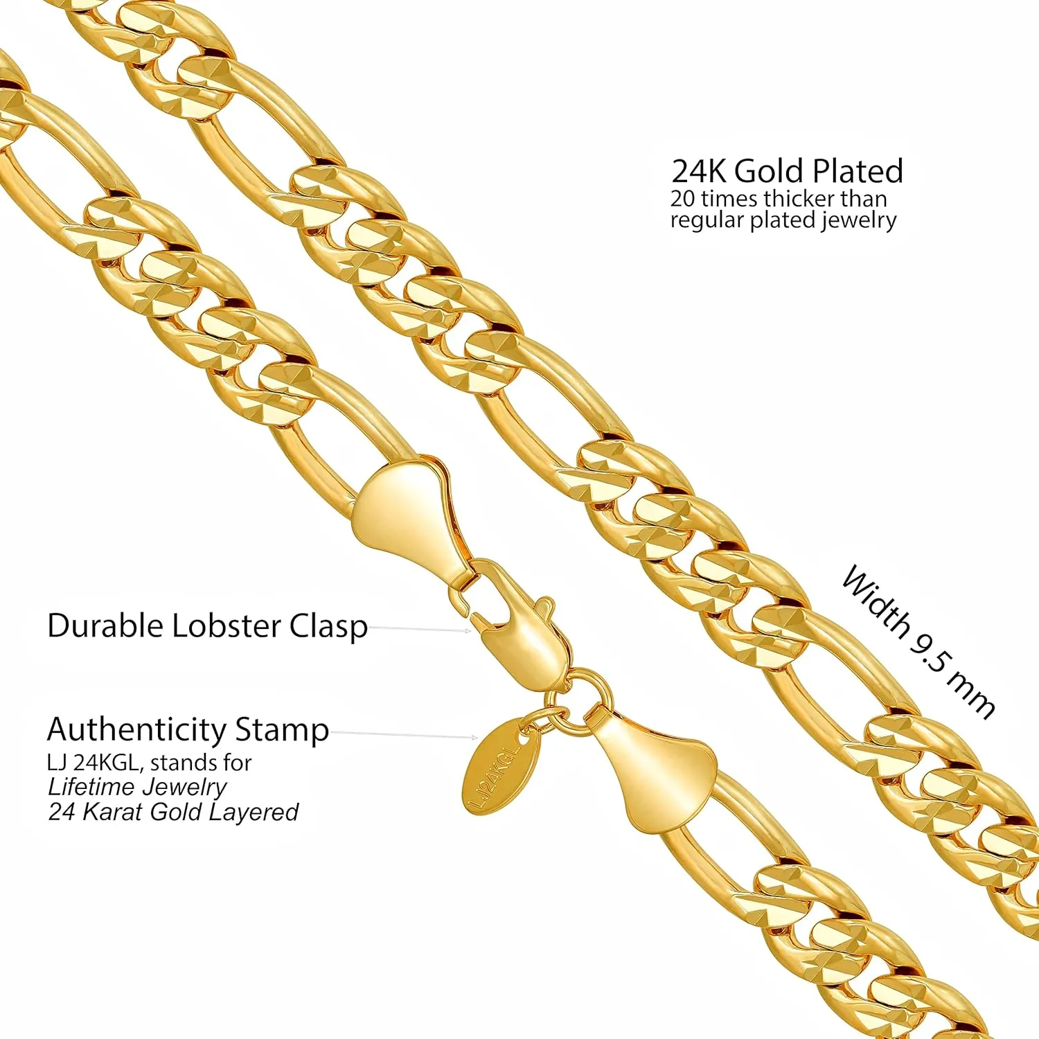 LIFETIME JEWELRY Radiant Diamond Cut Figaro Chain Necklaces 24k Real Gold Plated (6mm, 7mm, 9.5mm)