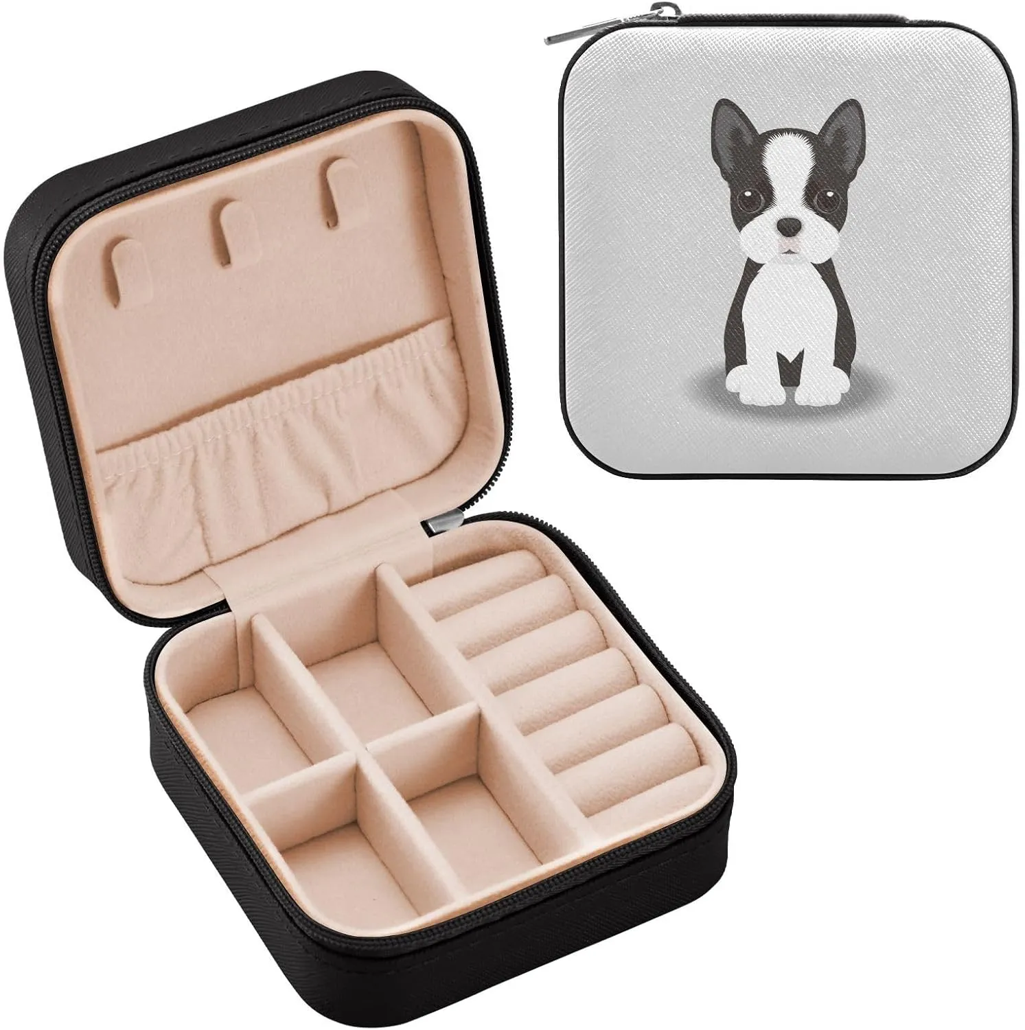 linqin PU Leather Jewelry Box, Boston Puppy Dog Travel Jewelry Case Portable Jewelry Organizer for Rings Earrings Necklaces Bracelets Storage Holder Boxes for Women Girls