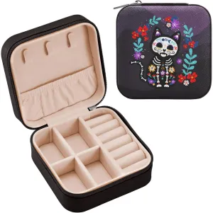 linqin PU Leather Jewelry Box, Cat Sugar Skull Travel Jewelry Case Portable Jewelry Organizer for Rings Earrings Necklaces Bracelets Storage Holder Boxes for Women Girls