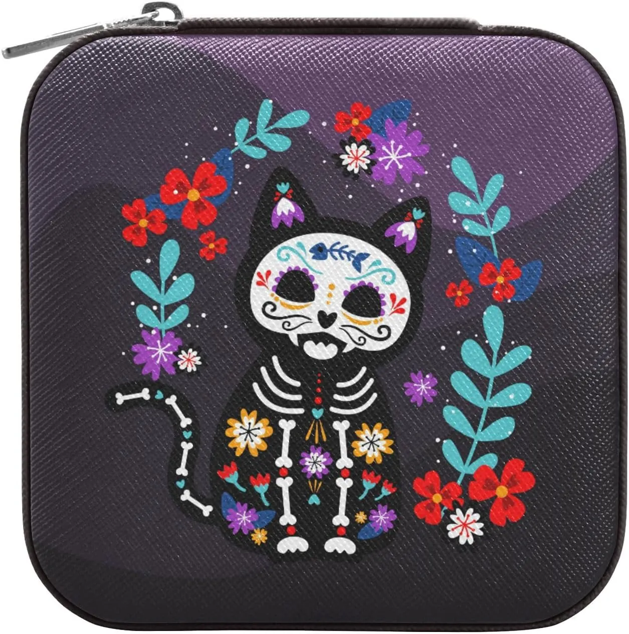 linqin PU Leather Jewelry Box, Cat Sugar Skull Travel Jewelry Case Portable Jewelry Organizer for Rings Earrings Necklaces Bracelets Storage Holder Boxes for Women Girls