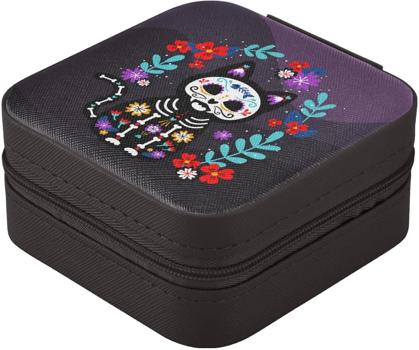 linqin PU Leather Jewelry Box, Cat Sugar Skull Travel Jewelry Case Portable Jewelry Organizer for Rings Earrings Necklaces Bracelets Storage Holder Boxes for Women Girls