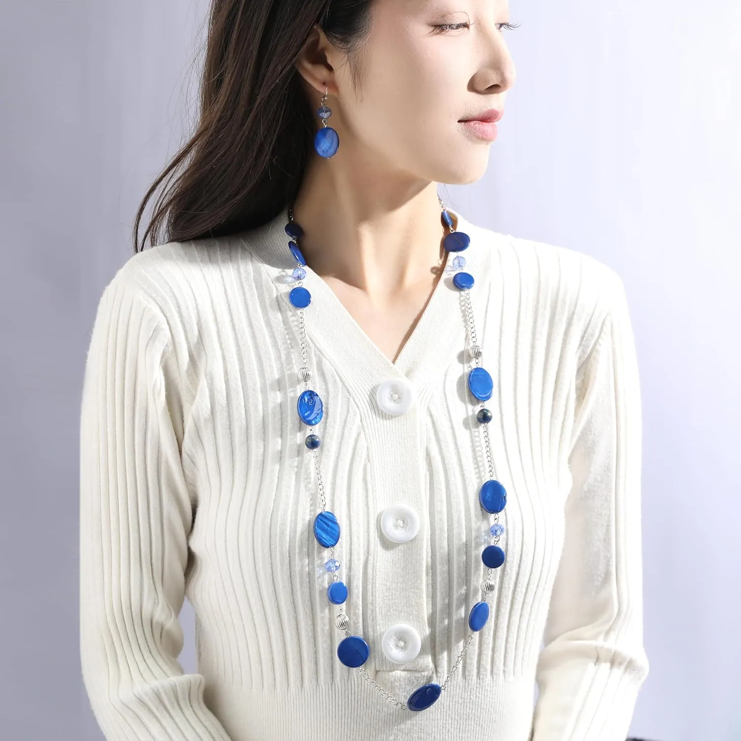 Long Bead Necklaces For Women Link Chain Multi Color Necklace Earring Set Shell Stone Beads Fashion Necklace Gift