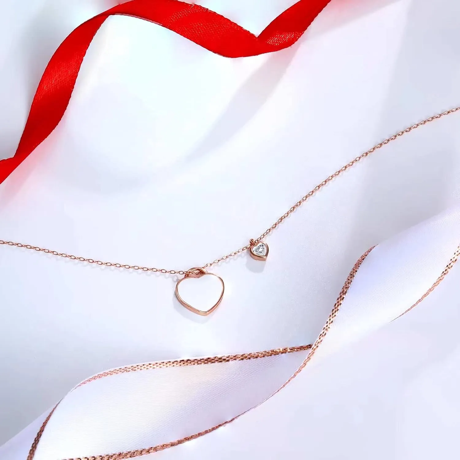 Love Lock Birthstone Necklace - 925 Sterling Silver Rose Gold Double Heart Pendant Forever Love Heart-shaped Gemstone Cubic Zirconia Adjustable Chain Necklaces Jewelry Gifts for Girls Wife