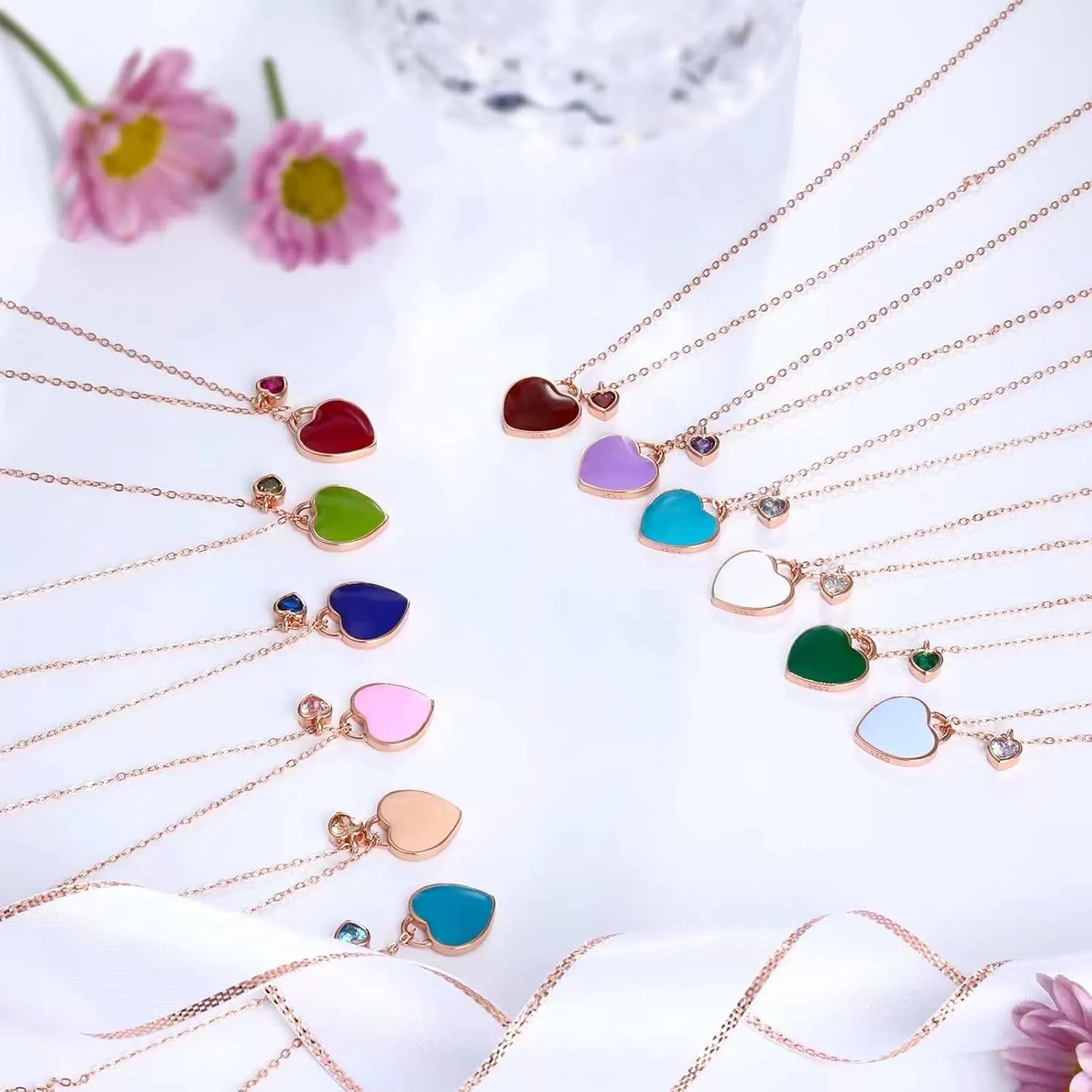 Love Lock Birthstone Necklace - 925 Sterling Silver Rose Gold Double Heart Pendant Forever Love Heart-shaped Gemstone Cubic Zirconia Adjustable Chain Necklaces Jewelry Gifts for Girls Wife