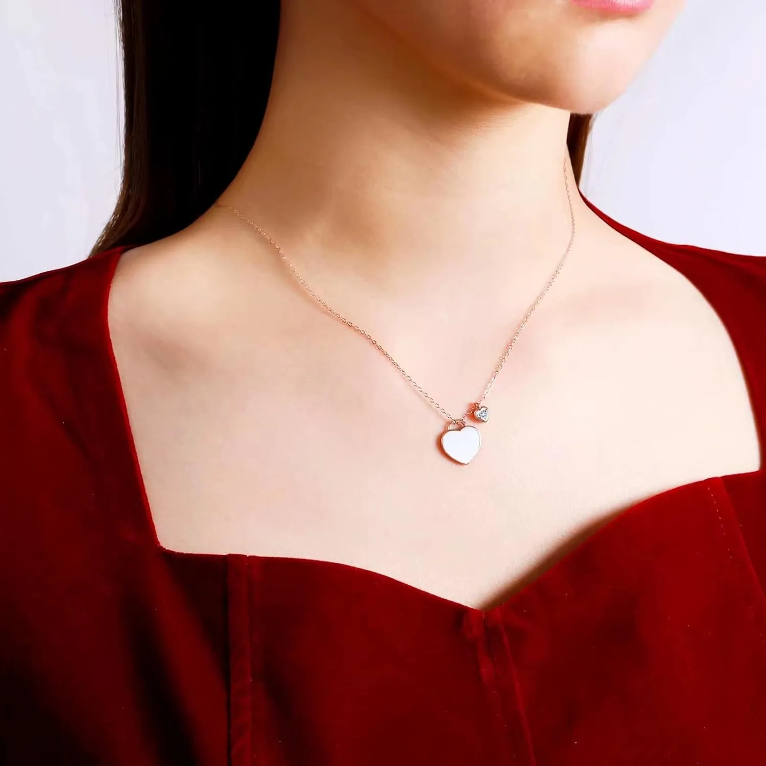 Love Lock Birthstone Necklace - 925 Sterling Silver Rose Gold Double Heart Pendant Forever Love Heart-shaped Gemstone Cubic Zirconia Adjustable Chain Necklaces Jewelry Gifts for Girls Wife