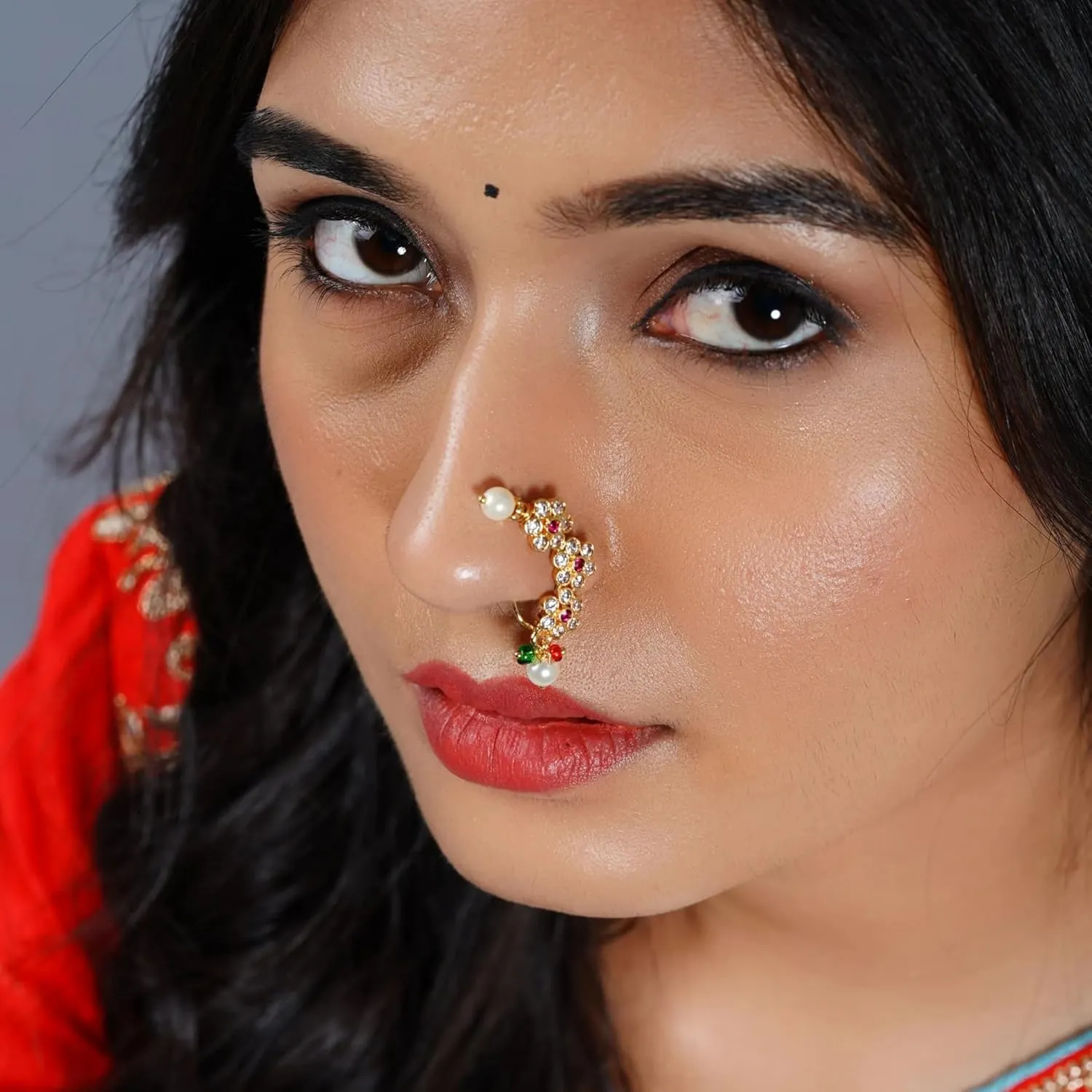 LoveNspire Antique Golden Pressing Nose Ring Gold Plating Clip on Marathi Nath Nosepin Jewelry for Women Bollywood Style Indian Snap on Nose Ring Jewelry Gift Non-piercing Nosepin