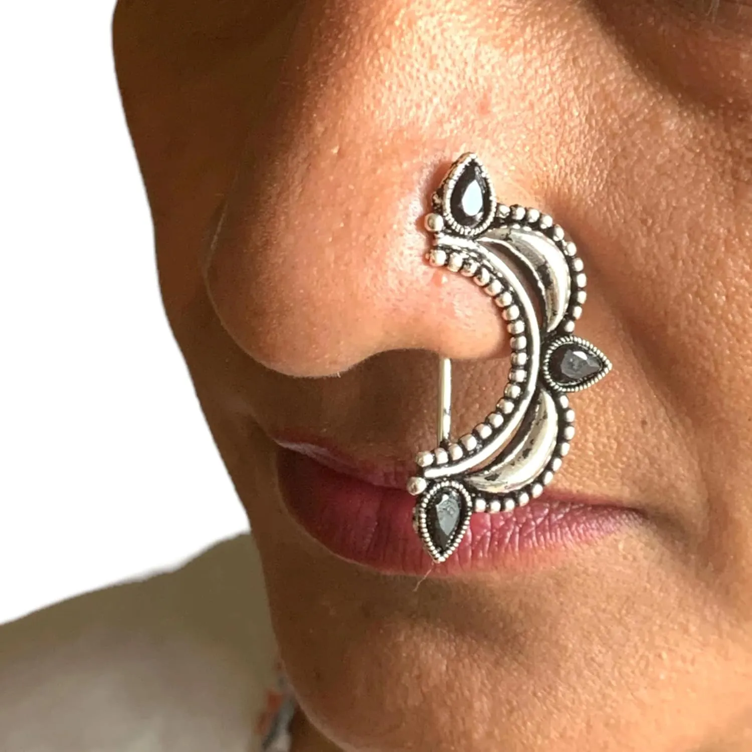 LoveNspire Indian Marathi Nath for Women Marathi Style Bow Oxidized Nose Ring Indian Jewelry Clip-On Bollywood Style Faux Pearl Non-Piercing Jewelry for Women Gift For Her - Marathi Bridal Nathani