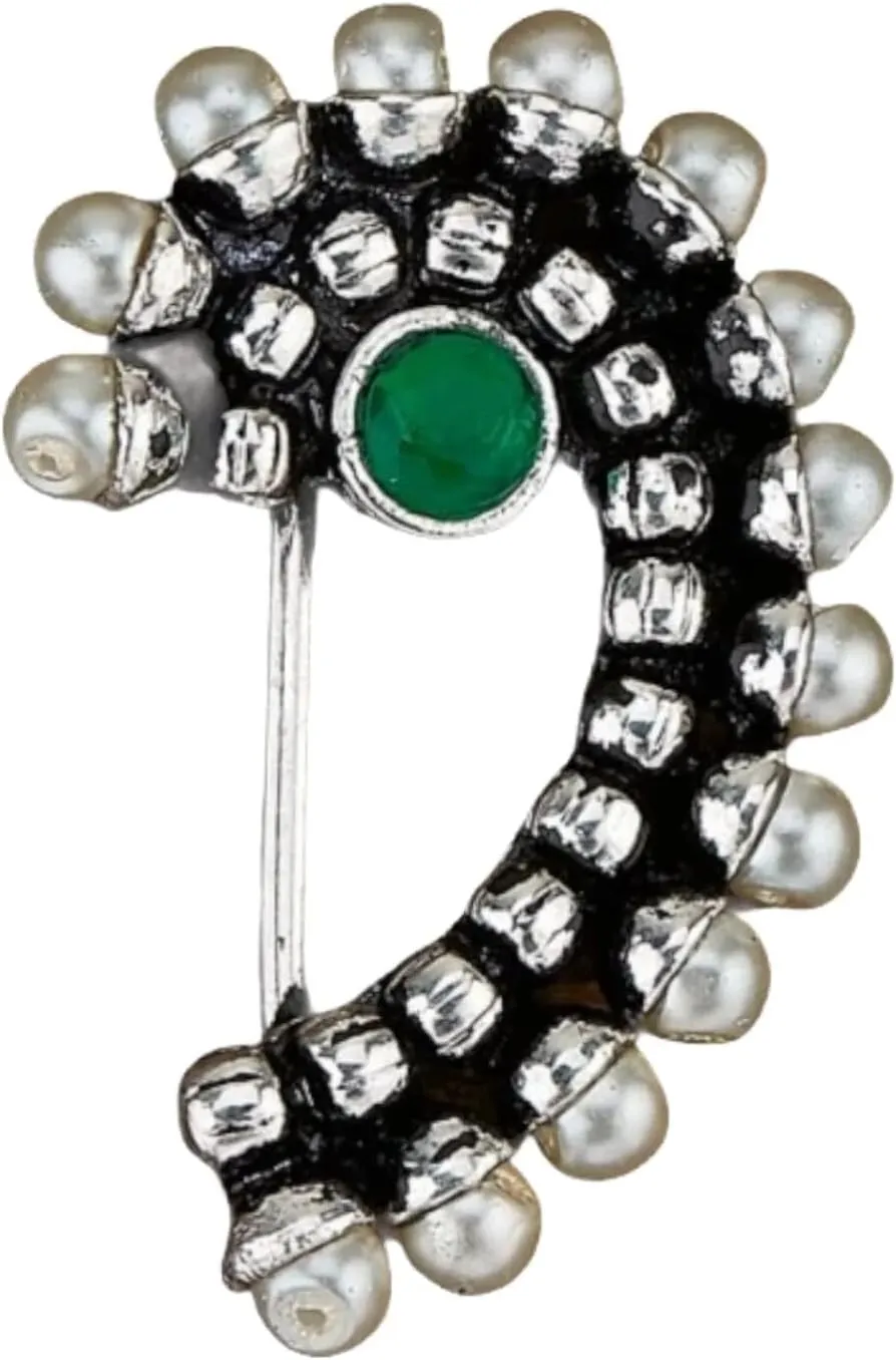 LoveNspire Indian Marathi Nath for Women Oxidized Pearl Marathi Nose Ring Clip-On Marathi Bridal Nathani Bollywood Style Faux Pearl Non-Piercing Jewelry for Women Gift For Her - Indian Jewelry Nose Ring