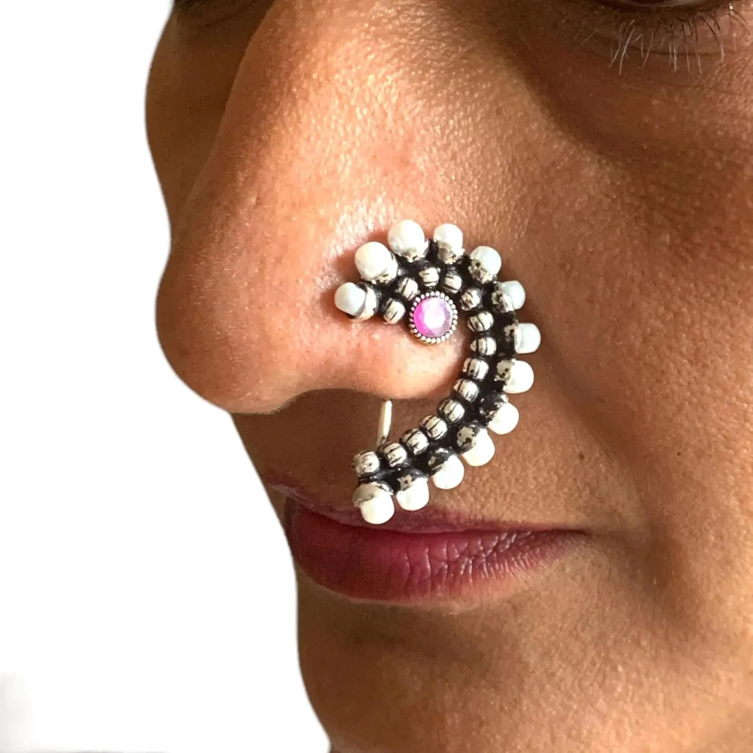 LoveNspire Indian Marathi Nath for Women Oxidized Pearl Marathi Nose Ring Clip-On Marathi Bridal Nathani Bollywood Style Faux Pearl Non-Piercing Jewelry for Women Gift For Her - Indian Jewelry Nose Ring