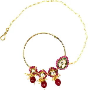 LoveNspire Kundan Crystal Nose Ring with Gold Plating Pearl Hair Chain - Indian Bridal Nath with Faux Pearl Chain Designer Bollywood Style Nose Stud for Women Non-Piercing Nose Accessory Gift for Her