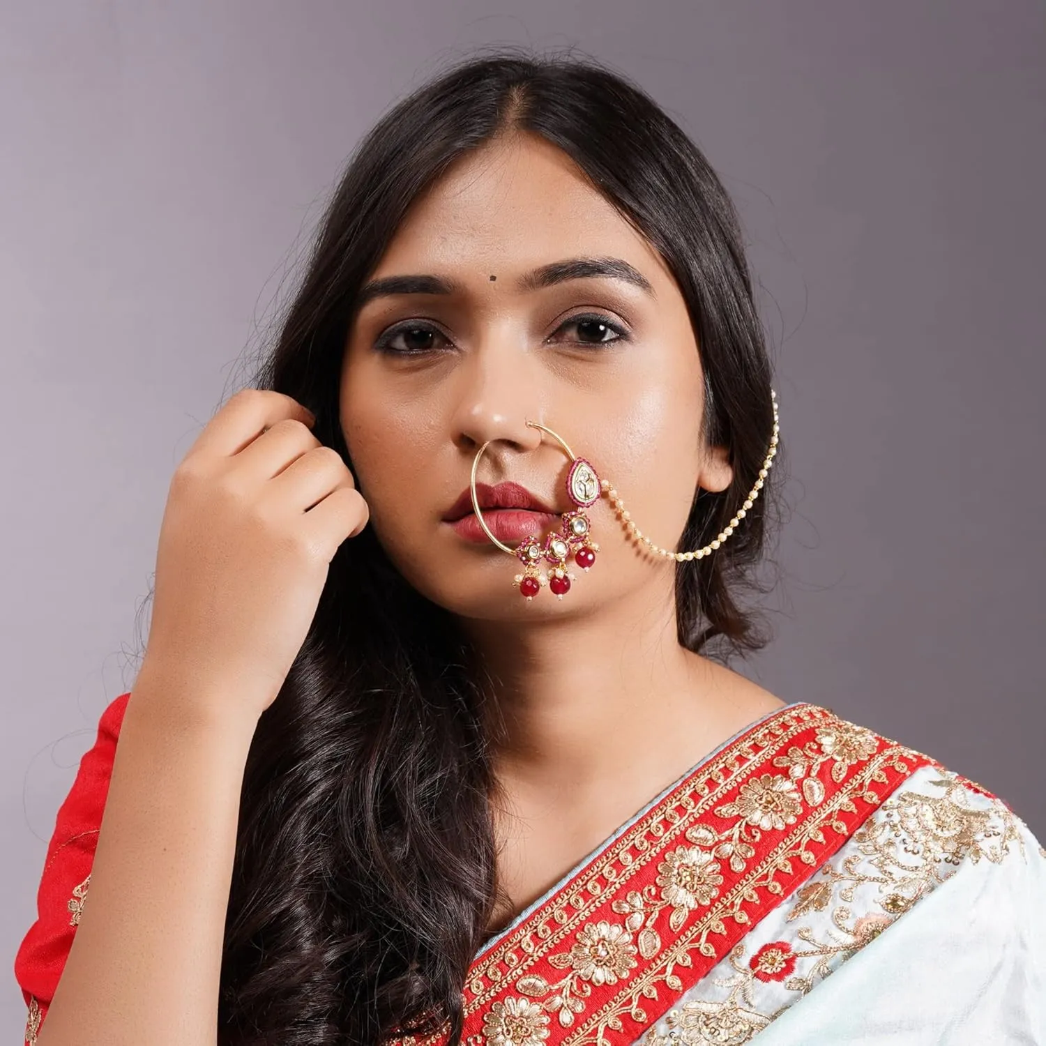 LoveNspire Kundan Crystal Nose Ring with Gold Plating Pearl Hair Chain - Indian Bridal Nath with Faux Pearl Chain Designer Bollywood Style Nose Stud for Women Non-Piercing Nose Accessory Gift for Her