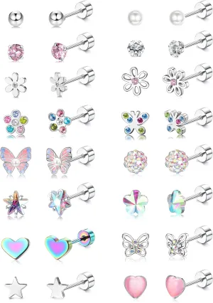 LOYALLOOK 16Pairs Screwback Earrings for Women Pearl CZ Ball Heart Tiny Small Stud Earrings Cute Butterfly Flower Stainless Steel Multicolor Flatback Screw Back Stud Earrings
