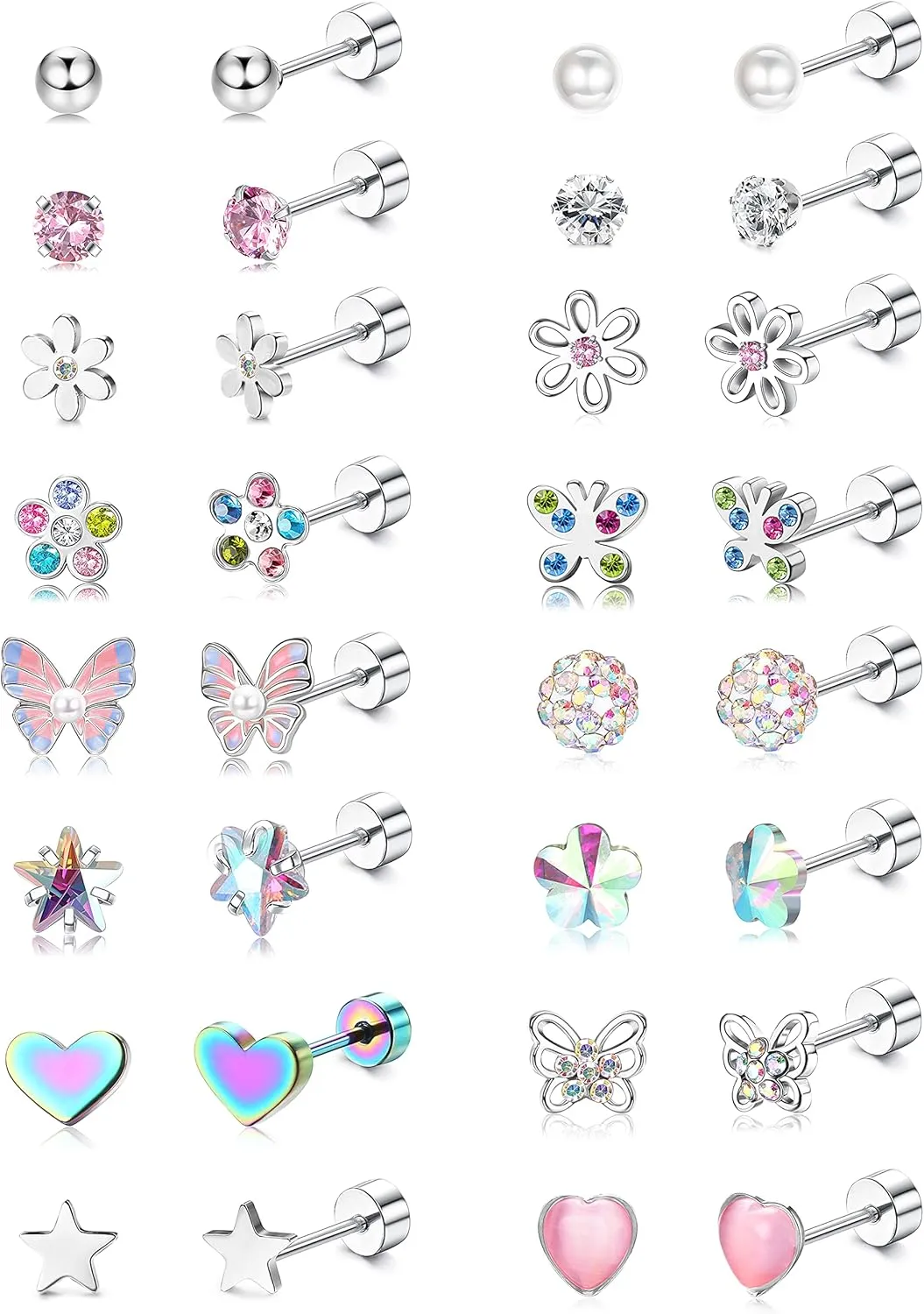 LOYALLOOK 16Pairs Screwback Earrings for Women Pearl CZ Ball Heart Tiny Small Stud Earrings Cute Butterfly Flower Stainless Steel Multicolor Flatback Screw Back Stud Earrings