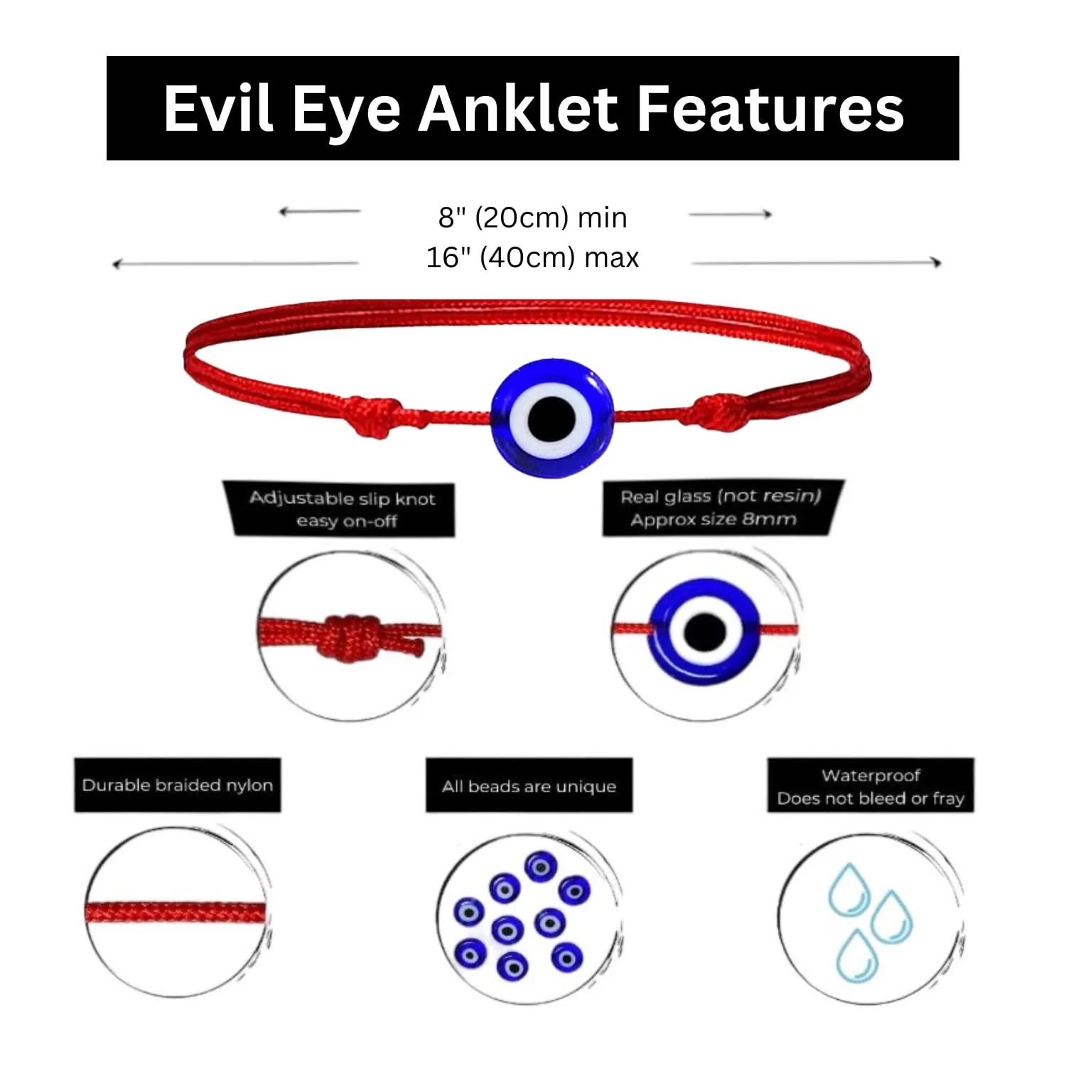 LUCK STRINGS Lucky Evil Eye Protection Bracelet - Choker Necklace - Red and Black String Minimalist Jewelry Mal de Ojo Good Luck Talisman (Anklet, Red)