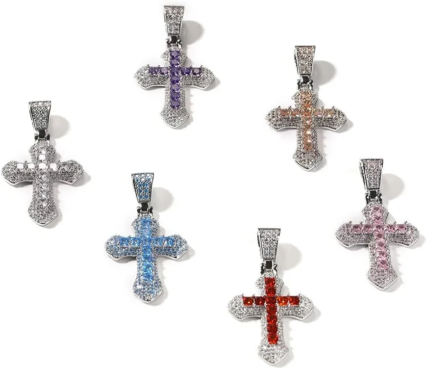 Lulu Mel Iced Out Colorful Cross Pendant Necklace With Stainless Steel Rope Chain, White Gold Plated Hip Hop Rhinestone Cross Chains For Men Women