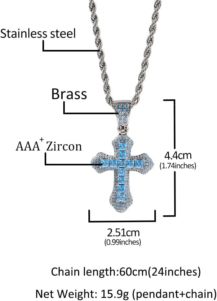 Lulu Mel Iced Out Colorful Cross Pendant Necklace With Stainless Steel Rope Chain, White Gold Plated Hip Hop Rhinestone Cross Chains For Men Women