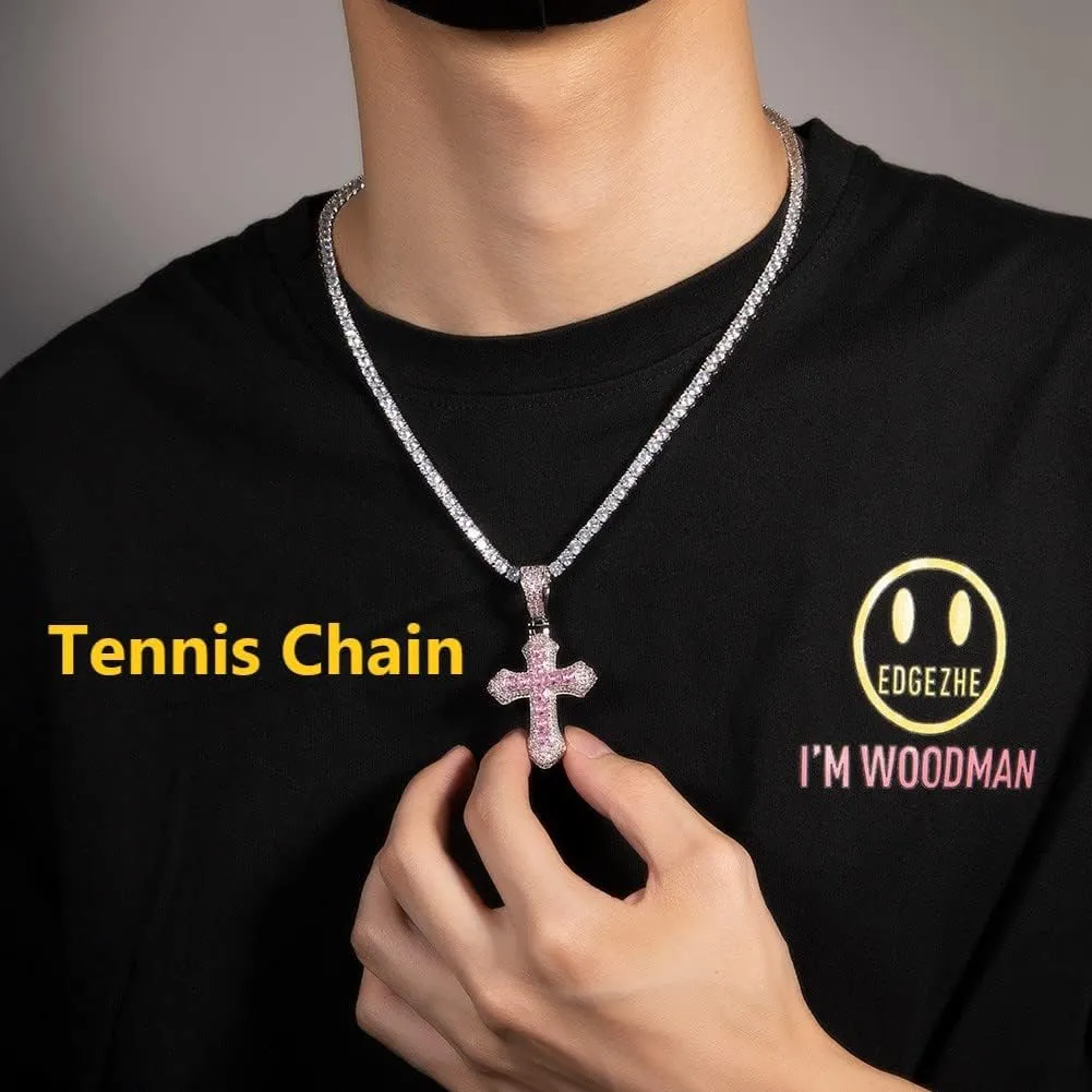 Lulu Mel Iced Out Colorful Cross Pendant Necklace With Stainless Steel Rope Chain, White Gold Plated Hip Hop Rhinestone Cross Chains For Men Women
