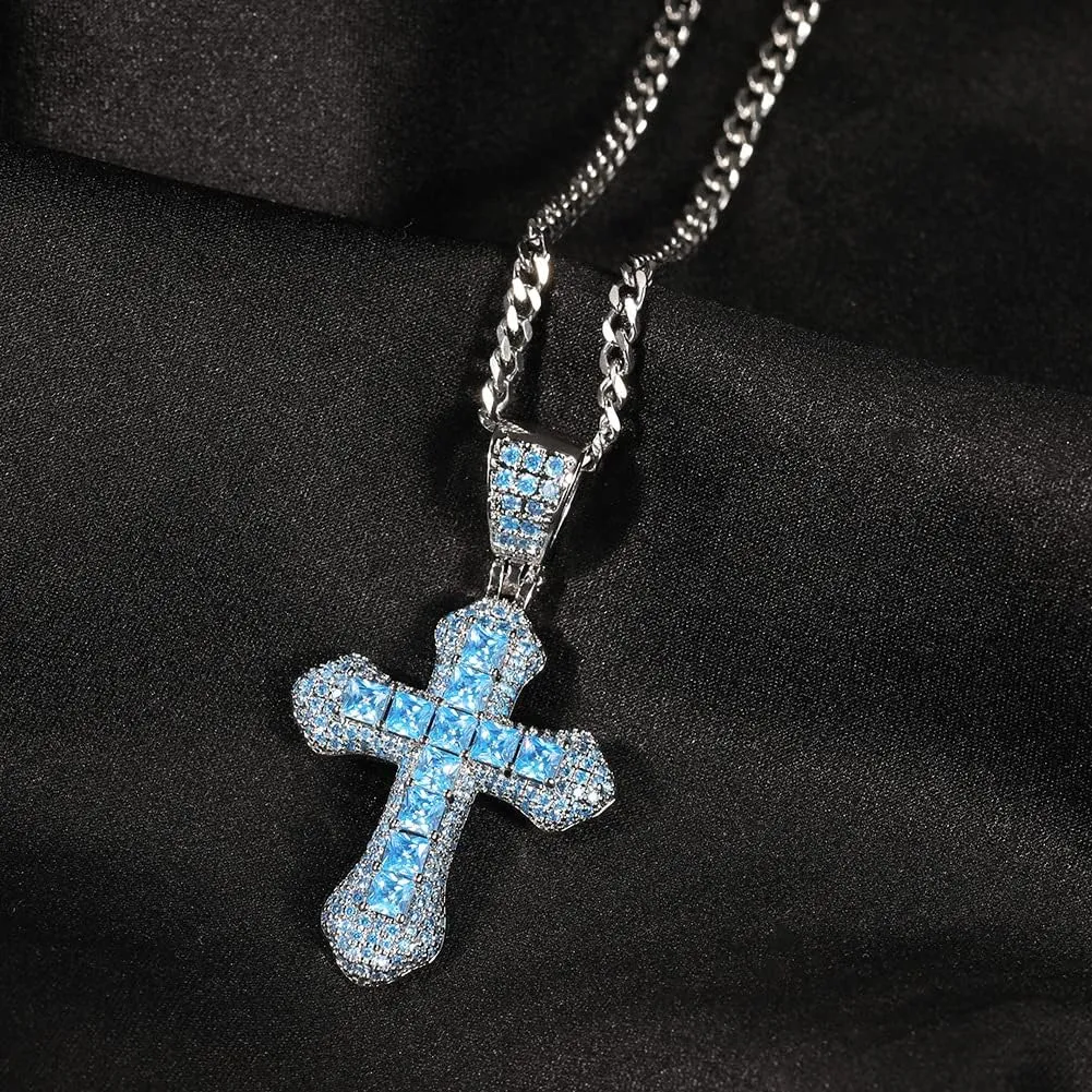 Lulu Mel Iced Out Colorful Cross Pendant Necklace With Stainless Steel Rope Chain, White Gold Plated Hip Hop Rhinestone Cross Chains For Men Women