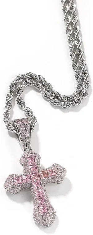 Lulu Mel Iced Out Colorful Cross Pendant Necklace With Stainless Steel Rope Chain, White Gold Plated Hip Hop Rhinestone Cross Chains For Men Women