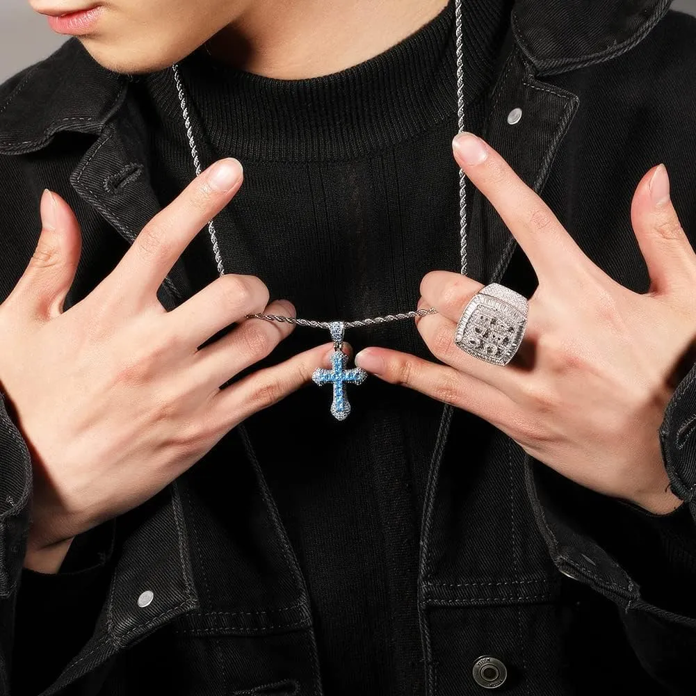 Lulu Mel Iced Out Colorful Cross Pendant Necklace With Stainless Steel Rope Chain, White Gold Plated Hip Hop Rhinestone Cross Chains For Men Women