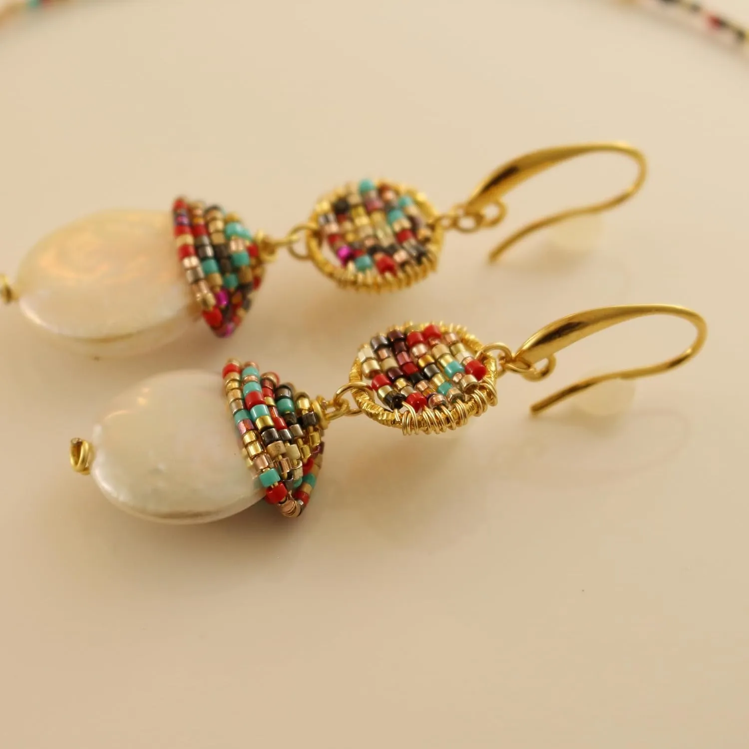 Macadamia Fine Jewelry Cultured Pearl Necklace with Pearl Earrings for Women  14K Gold Plated Jewelry Set with Colorful Miyuki Delica Beads  Pearls Necklace with Drop Earrings for Women