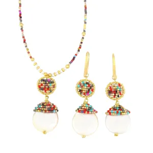 Macadamia Fine Jewelry Cultured Pearl Necklace with Pearl Earrings for Women  14K Gold Plated Jewelry Set with Colorful Miyuki Delica Beads  Pearls Necklace with Drop Earrings for Women