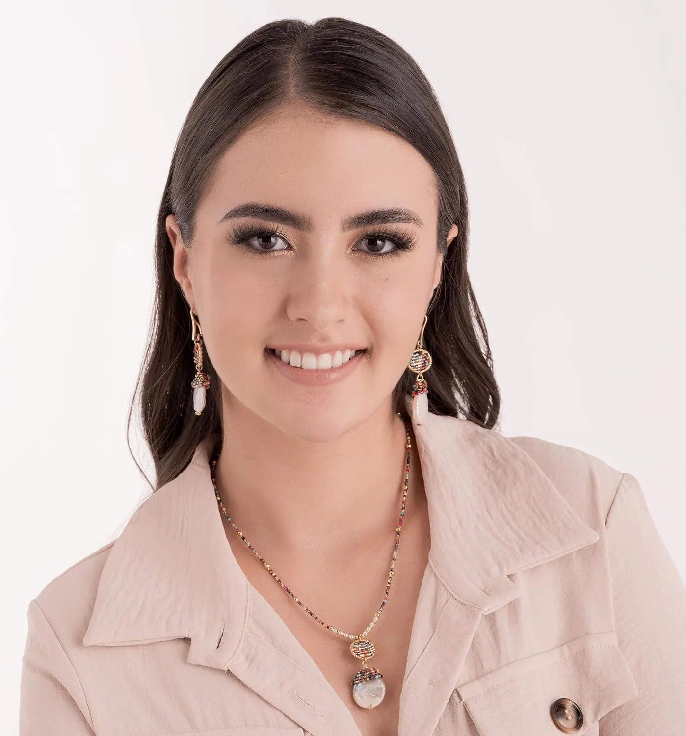 Macadamia Fine Jewelry Cultured Pearl Necklace with Pearl Earrings for Women  14K Gold Plated Jewelry Set with Colorful Miyuki Delica Beads  Pearls Necklace with Drop Earrings for Women