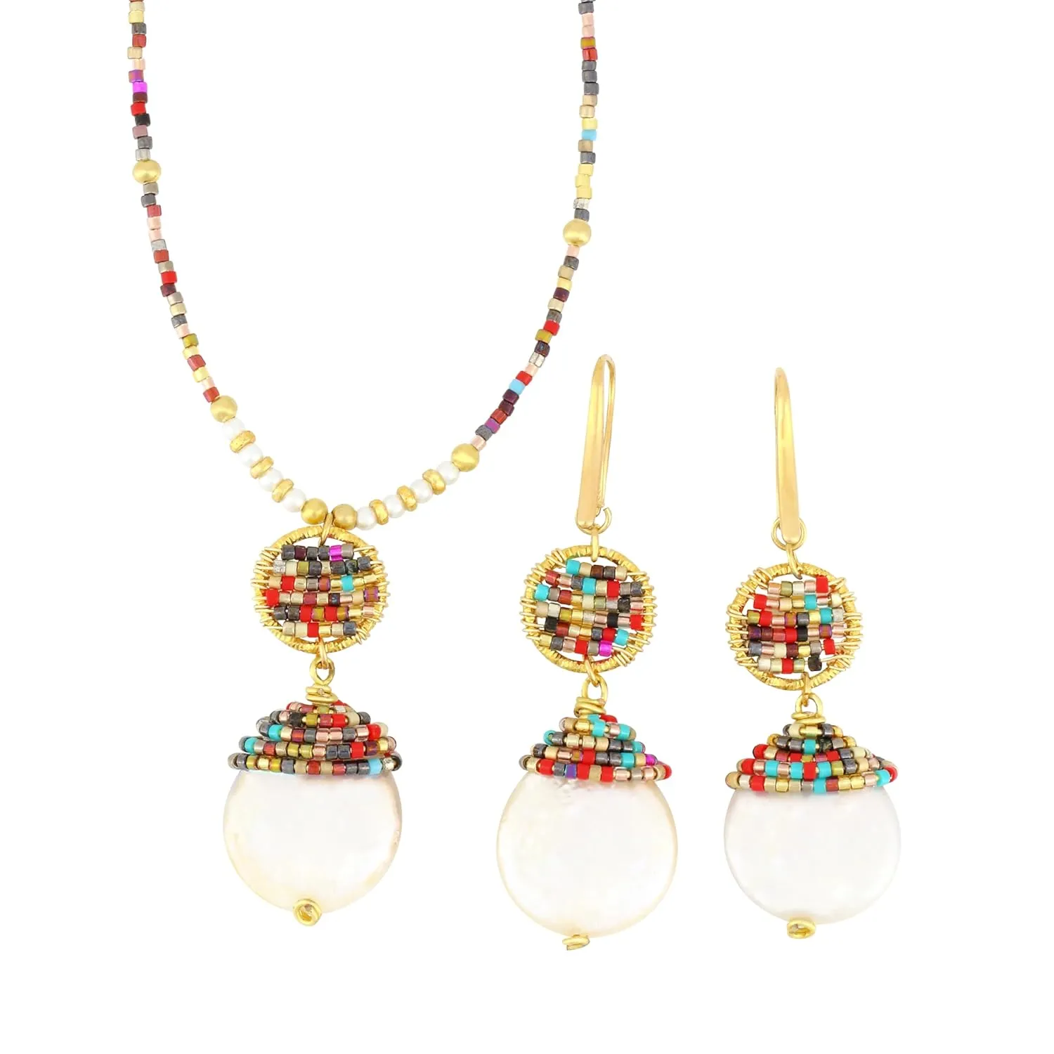 Macadamia Fine Jewelry Cultured Pearl Necklace with Pearl Earrings for Women  14K Gold Plated Jewelry Set with Colorful Miyuki Delica Beads  Pearls Necklace with Drop Earrings for Women