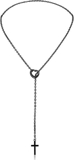 Manfnee Lariat Y Necklaces,Black Cross Necklace,Slip Chain Necklace Stainless Steel Cuban Long Necklace