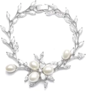 Mariell Freshwater Pearl and Cubic Zirconia Bridal Bracelet, Genuine Platinum Plated Wedding Jewelry