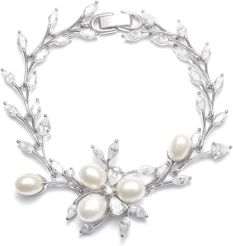 Mariell Freshwater Pearl and Cubic Zirconia Bridal Bracelet, Genuine Platinum Plated Wedding Jewelry