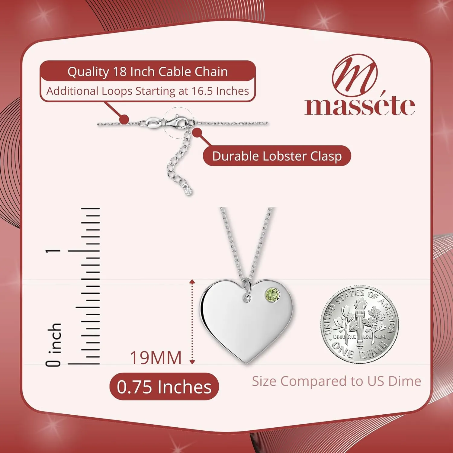 Massete Sterling Silver Heart Necklace Pendant with Simulated Birthstone Personalized Engravable Gift | Custom Engraved Pendant for Women