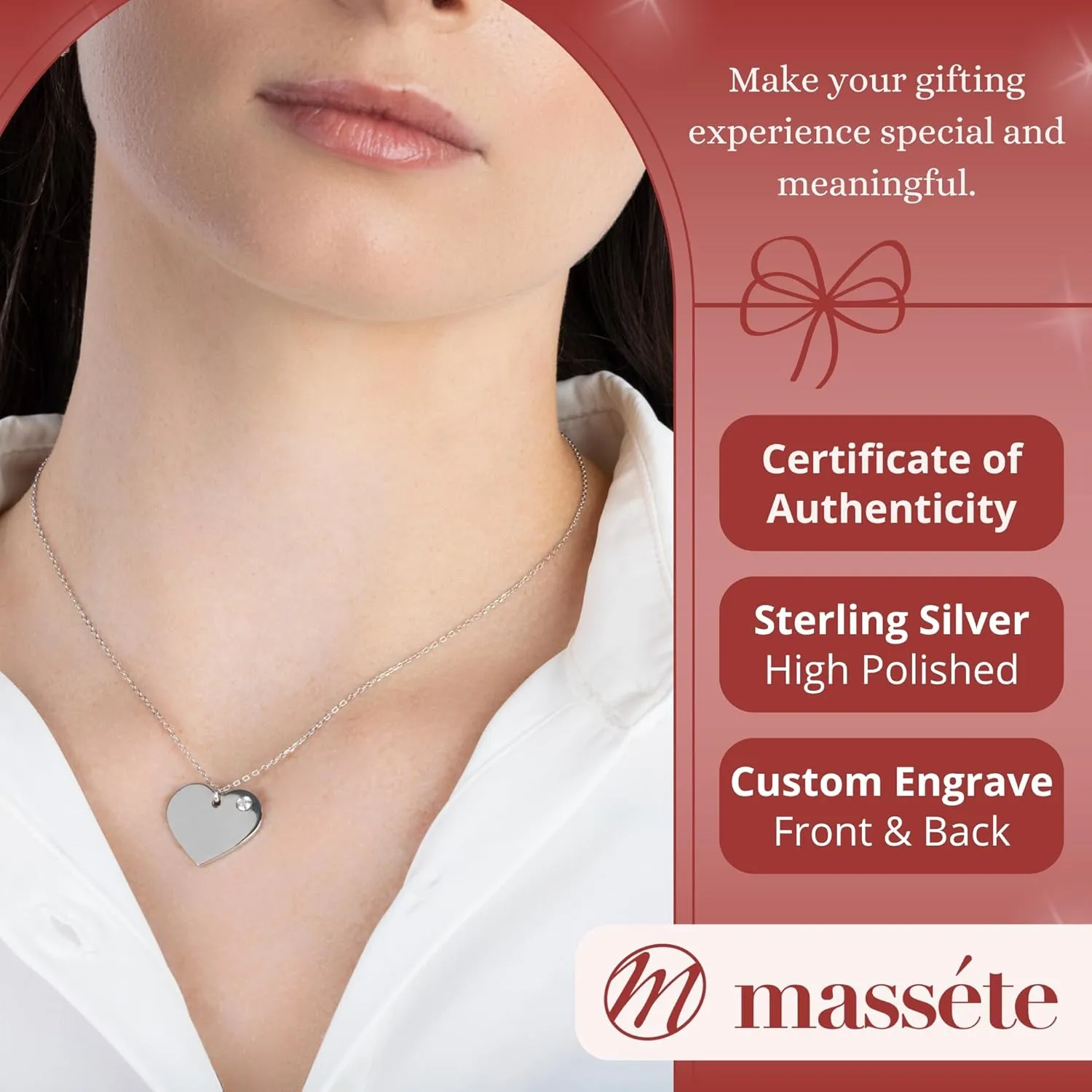 Massete Sterling Silver Heart Necklace Pendant with Simulated Birthstone Personalized Engravable Gift | Custom Engraved Pendant for Women