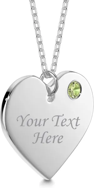 Massete Sterling Silver Heart Necklace Pendant with Simulated Birthstone Personalized Engravable Gift | Custom Engraved Pendant for Women