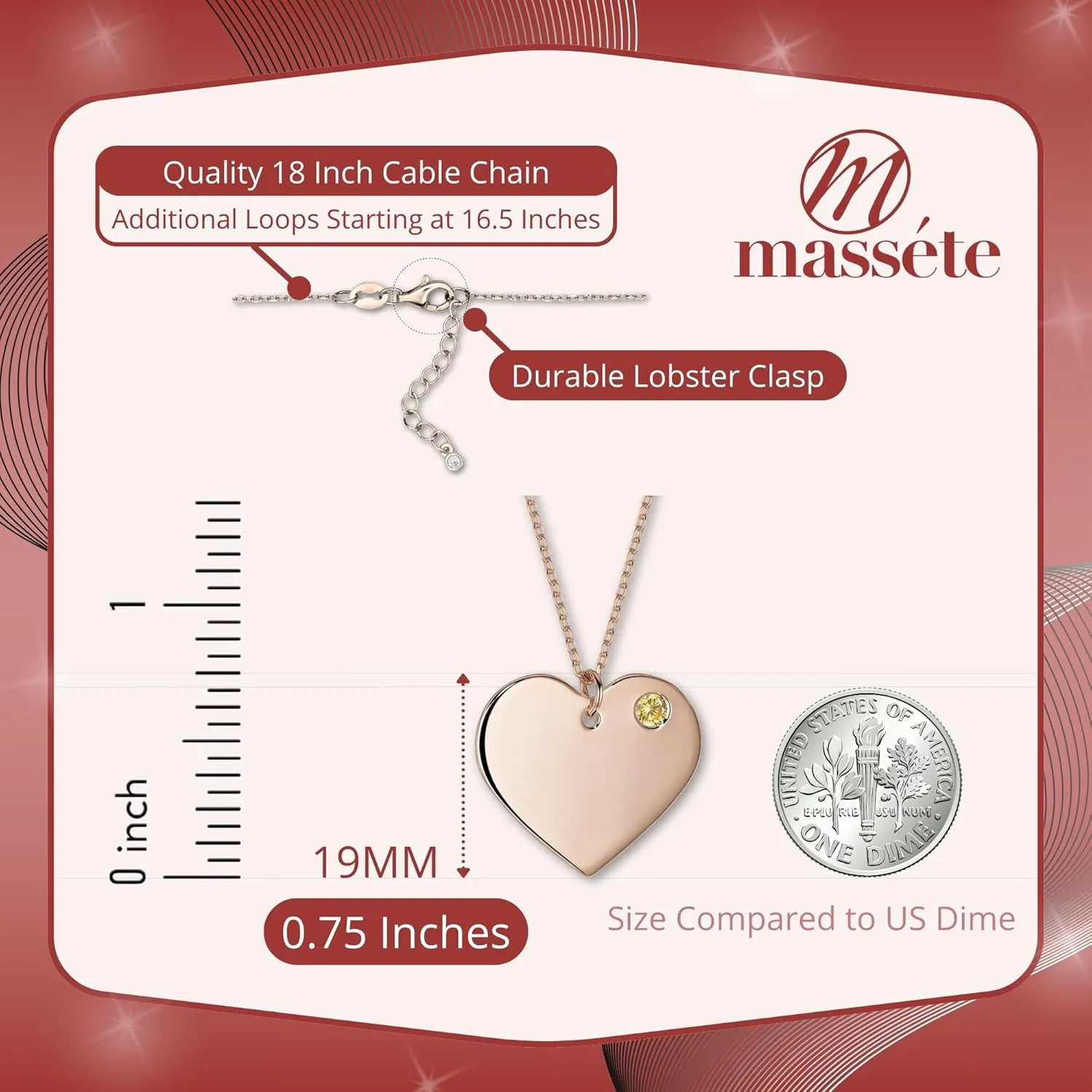 Massete Sterling Silver Heart Necklace Pendant with Simulated Birthstone Personalized Engravable Gift | Custom Engraved Pendant for Women
