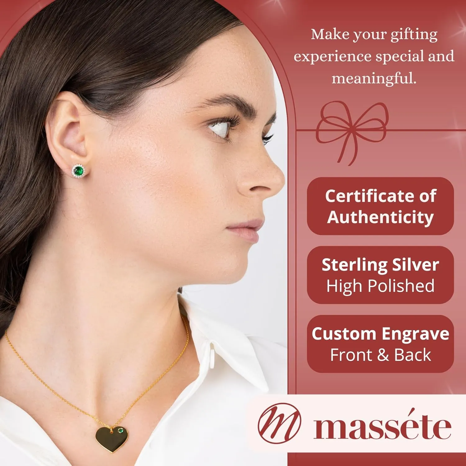 Massete Sterling Silver Heart Necklace Pendant with Simulated Birthstone Personalized Engravable Gift | Custom Engraved Pendant for Women