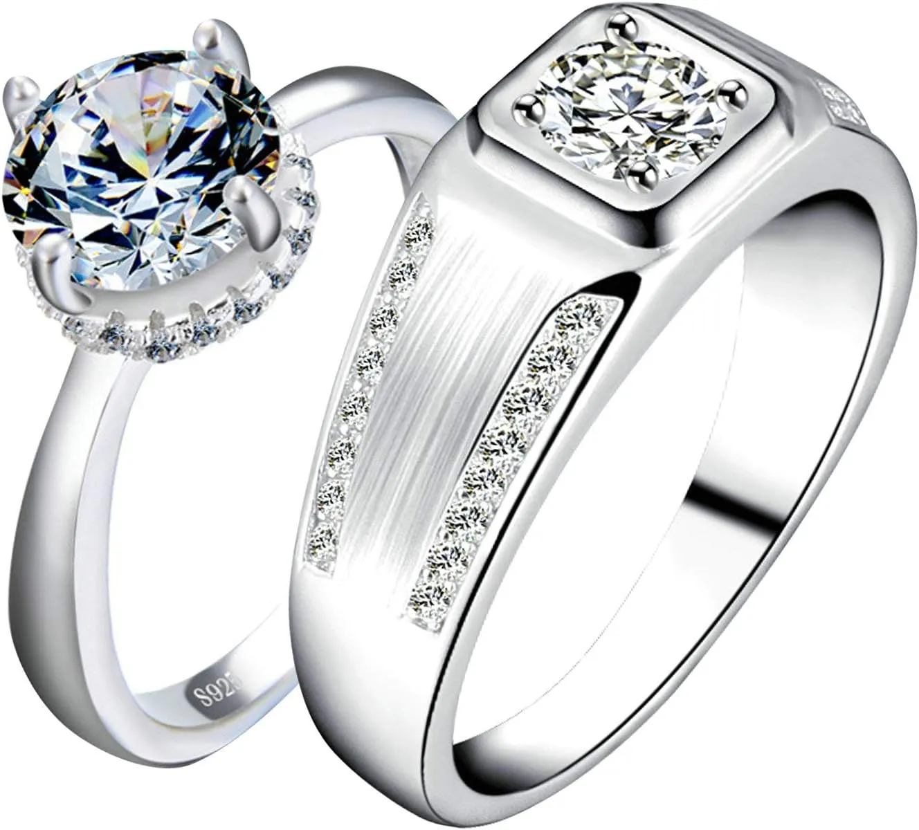 Matching Couple Ring Sets for Women & Men Silver Cubic Zirconia Round Brilliant Shape Ring