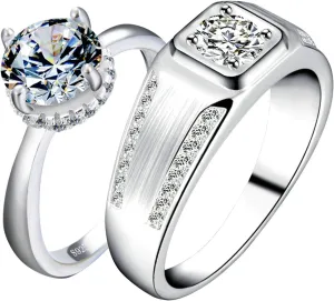 Matching Couple Ring Sets for Women & Men Silver Cubic Zirconia Round Brilliant Shape Ring