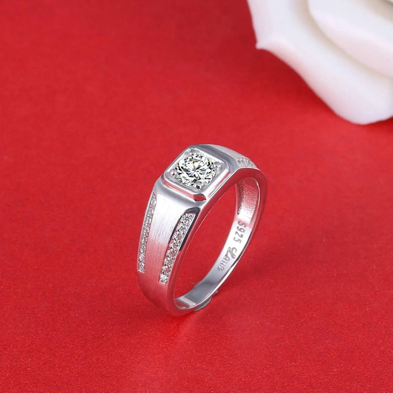 Matching Couple Ring Sets for Women & Men Silver Cubic Zirconia Round Brilliant Shape Ring