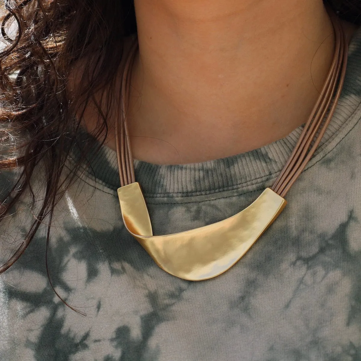 Matte Gold Champagne Leather Necklace