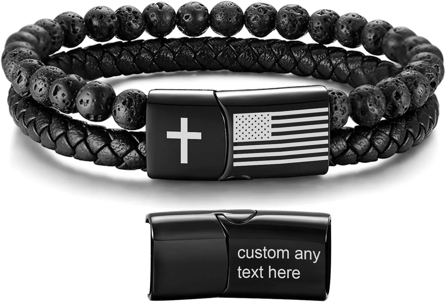 MEALGUET Personalized Bible Verse Cuff Bracelet : Men's Inspirational American Flag Custom Cross Bracelets Lava Rock Bead Bracelet Healing Balancing Braided Leather Wristband with Clasp