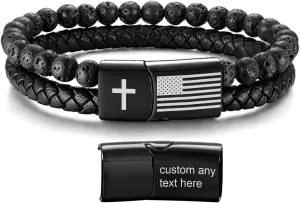 MEALGUET Personalized Bible Verse Cuff Bracelet : Men's Inspirational American Flag Custom Cross Bracelets Lava Rock Bead Bracelet Healing Balancing Braided Leather Wristband with Clasp