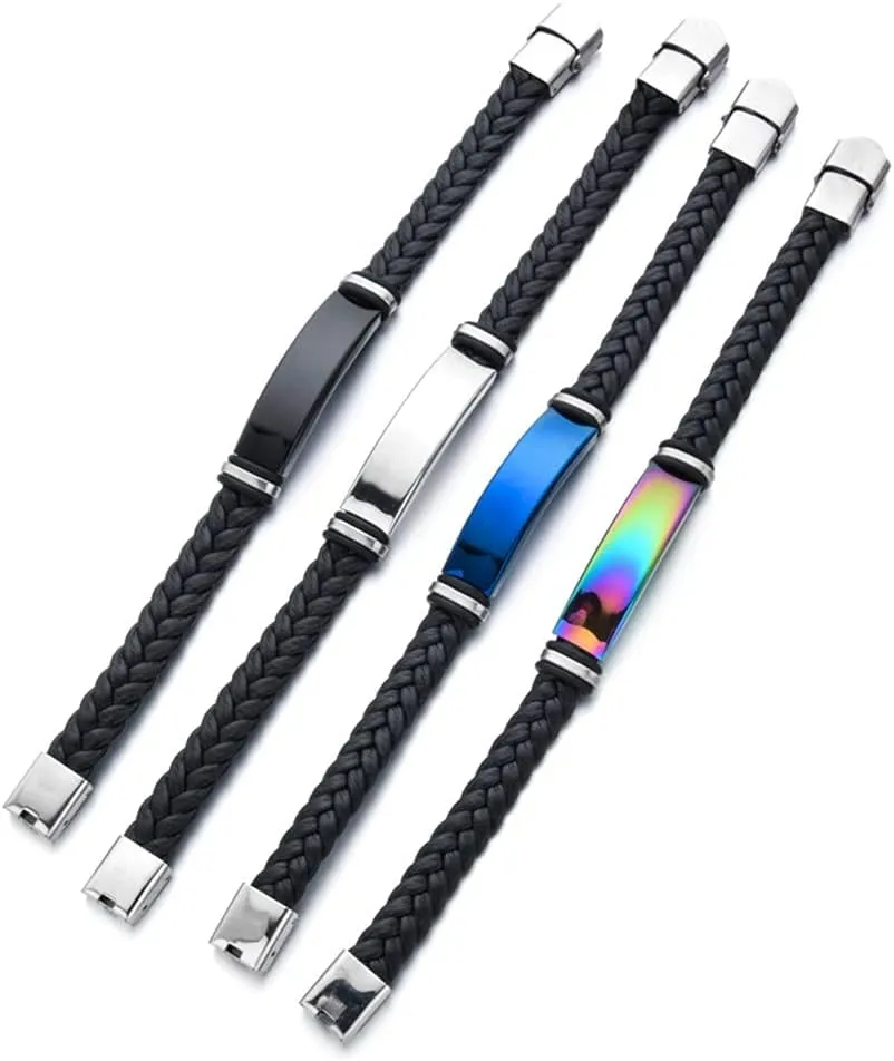 Medical Alert ID Bracelets for Men Women Adjustable Braided Leather Wristband Emergency Identification Cuff Bracelet Health Systems Medic Awareness Jewelry for Adults Teens,Black/Silver/Blue/Colorful