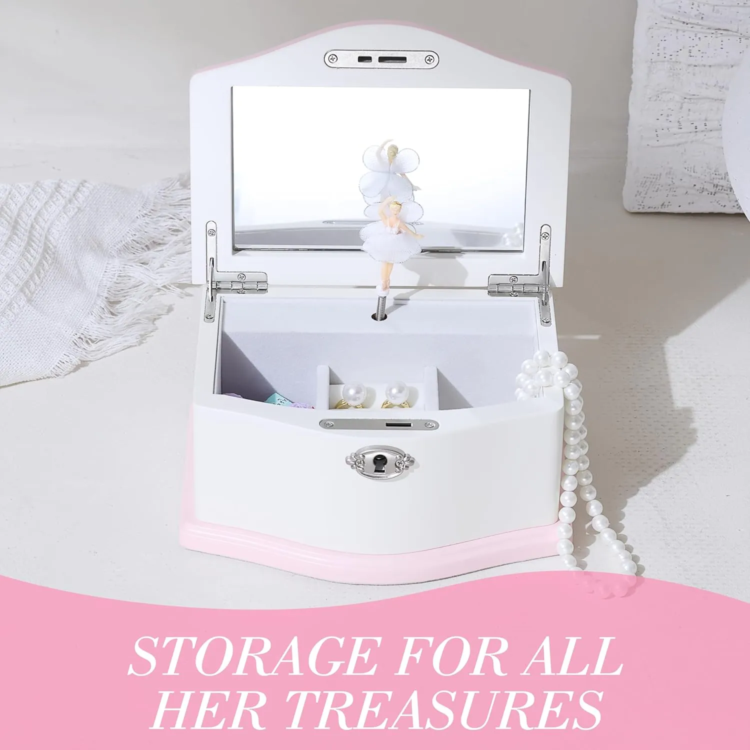 Medium Ballerina Musical Jewelry Box with Mirror for Girls,Kid's Jewelry Storage Music Chest- (white/pink)
