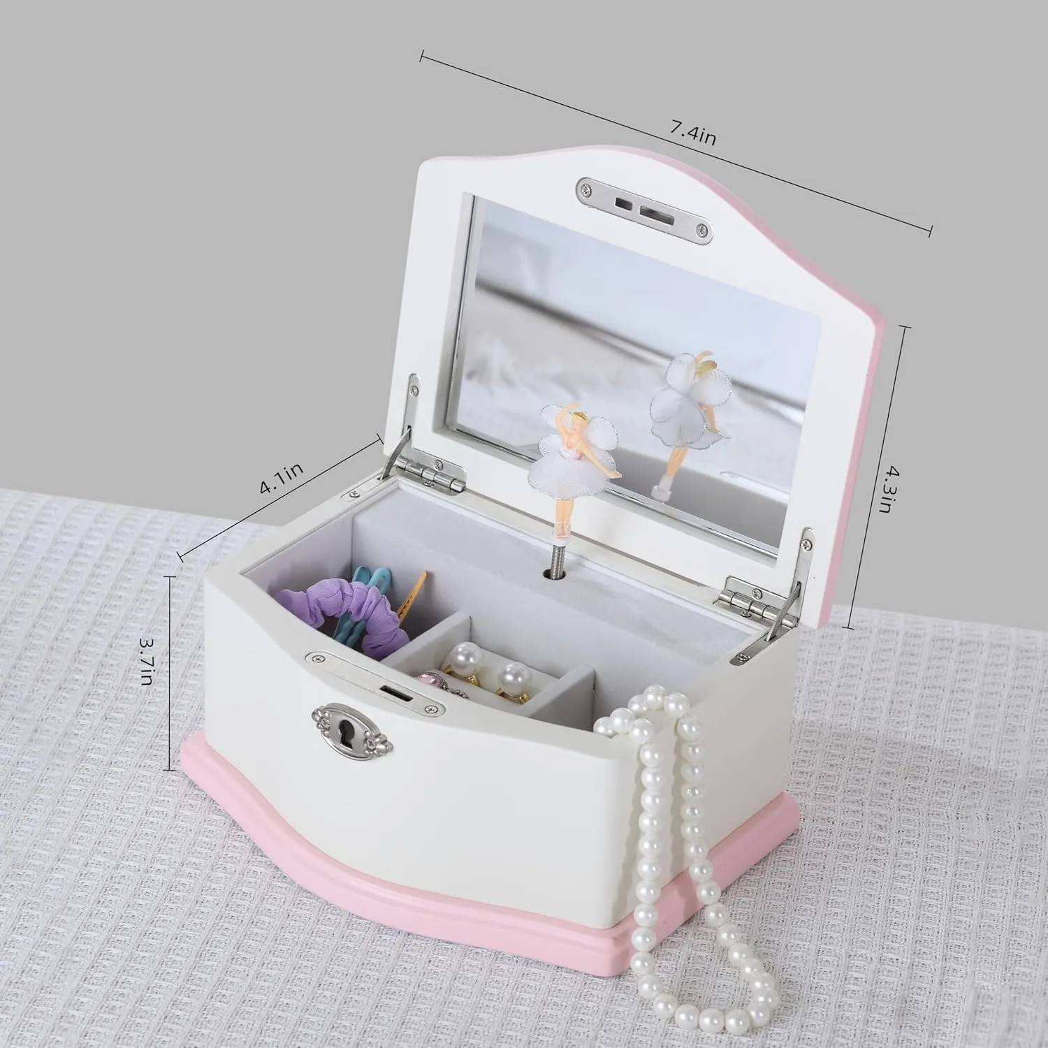 Medium Ballerina Musical Jewelry Box with Mirror for Girls,Kid's Jewelry Storage Music Chest- (white/pink)