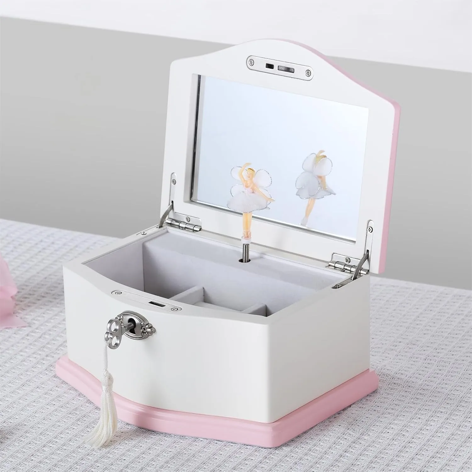Medium Ballerina Musical Jewelry Box with Mirror for Girls,Kid's Jewelry Storage Music Chest- (white/pink)