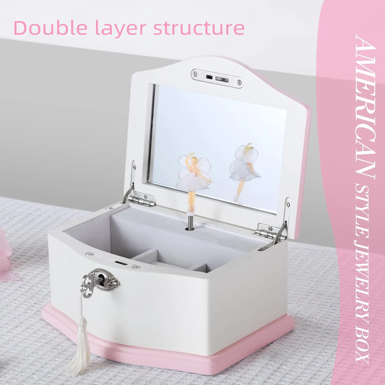 Medium Ballerina Musical Jewelry Box with Mirror for Girls,Kid's Jewelry Storage Music Chest- (white/pink)