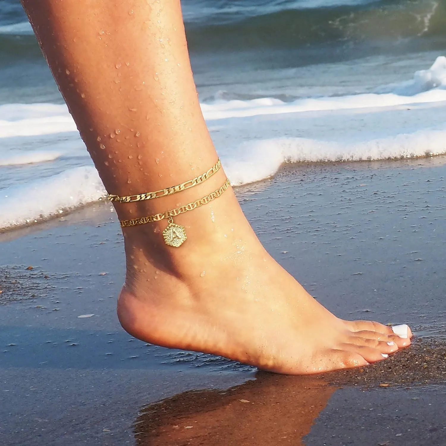 Memorjew Initial Ankle Bracelets for Women, 14K Gold Plated Double Layered Initial Anklets Jewelry for Women