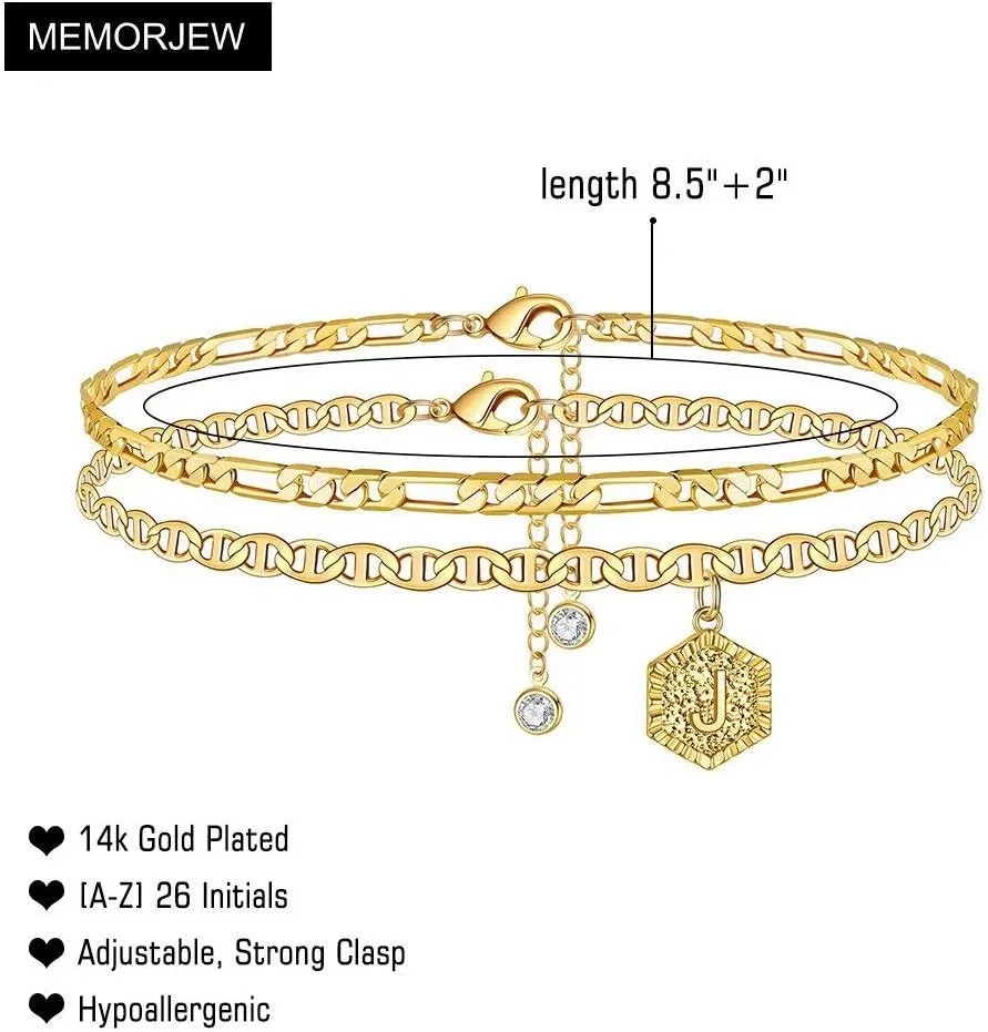 Memorjew Initial Ankle Bracelets for Women, 14K Gold Plated Double Layered Initial Anklets Jewelry for Women